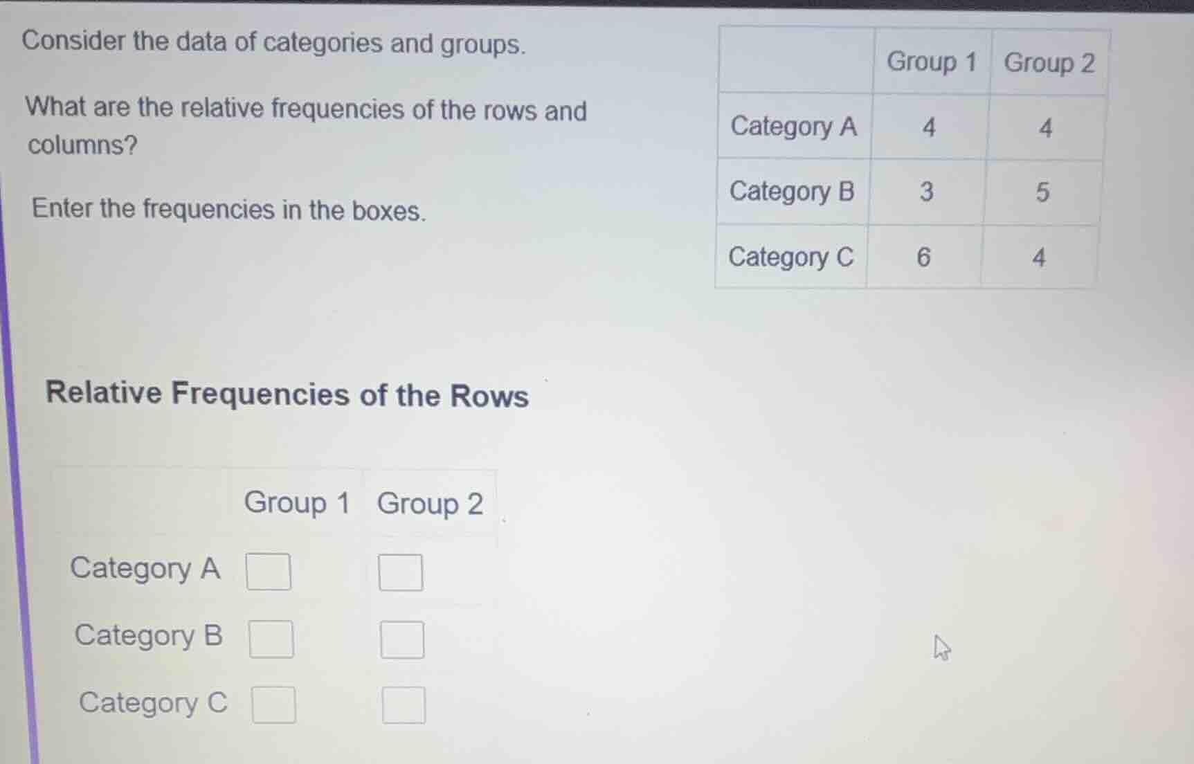 consider the data of categories and groups. what are the relative frequ…