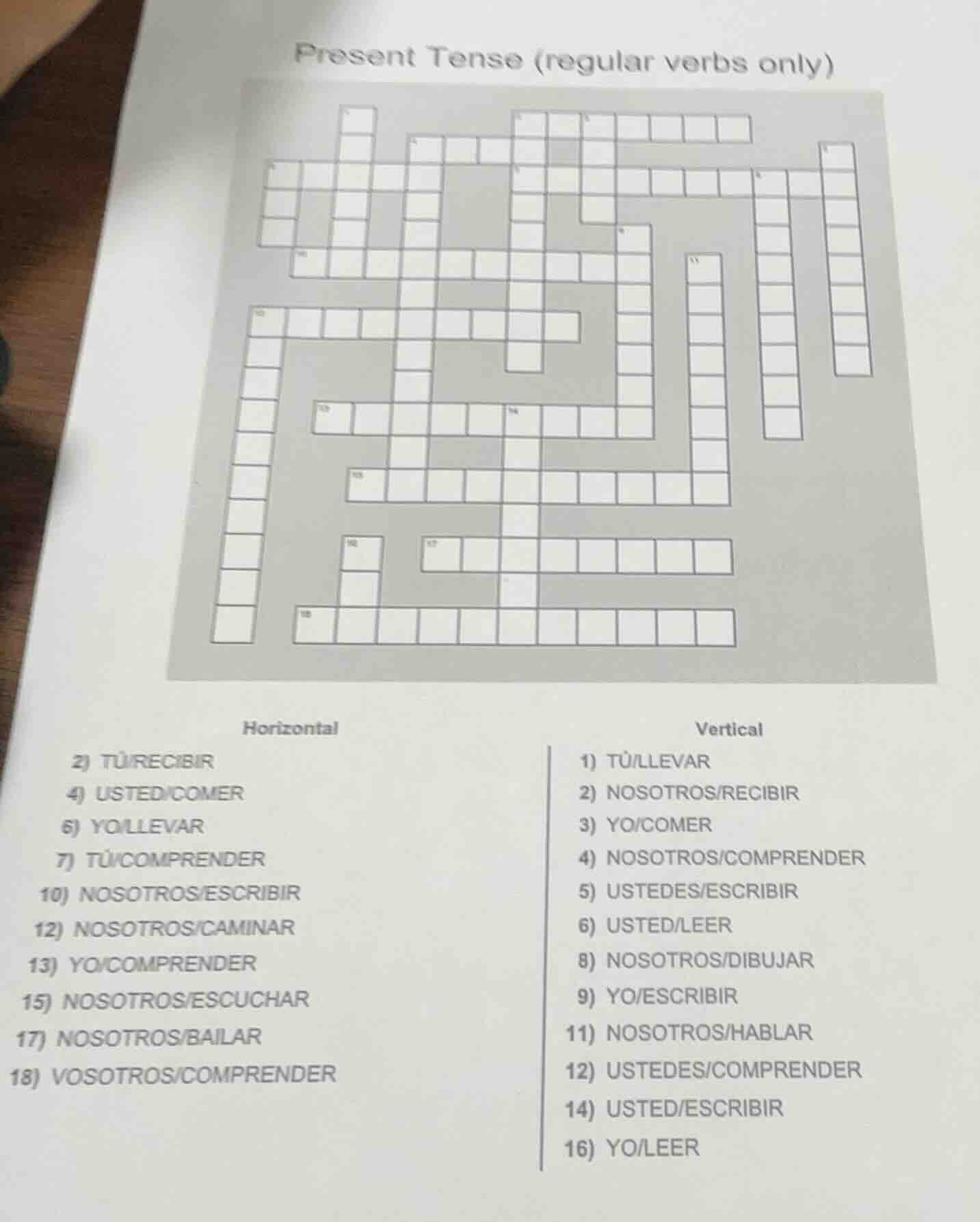 present tense (regular verbs only) horizontal 2) tù/recibir 4) usted/co…