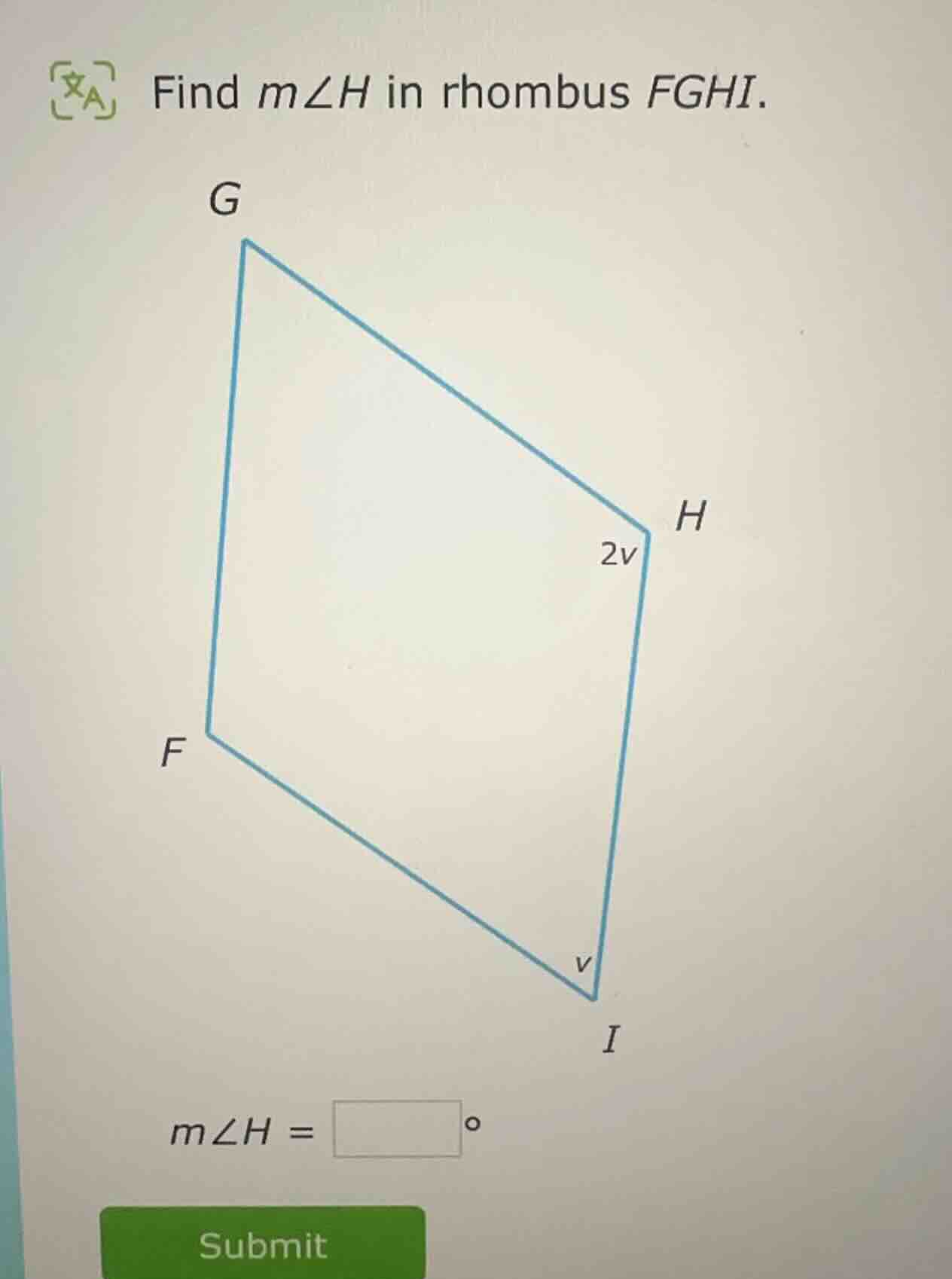 find ( mangle h ) in rhombus ( fghi ). ( mangle h = square^circ )