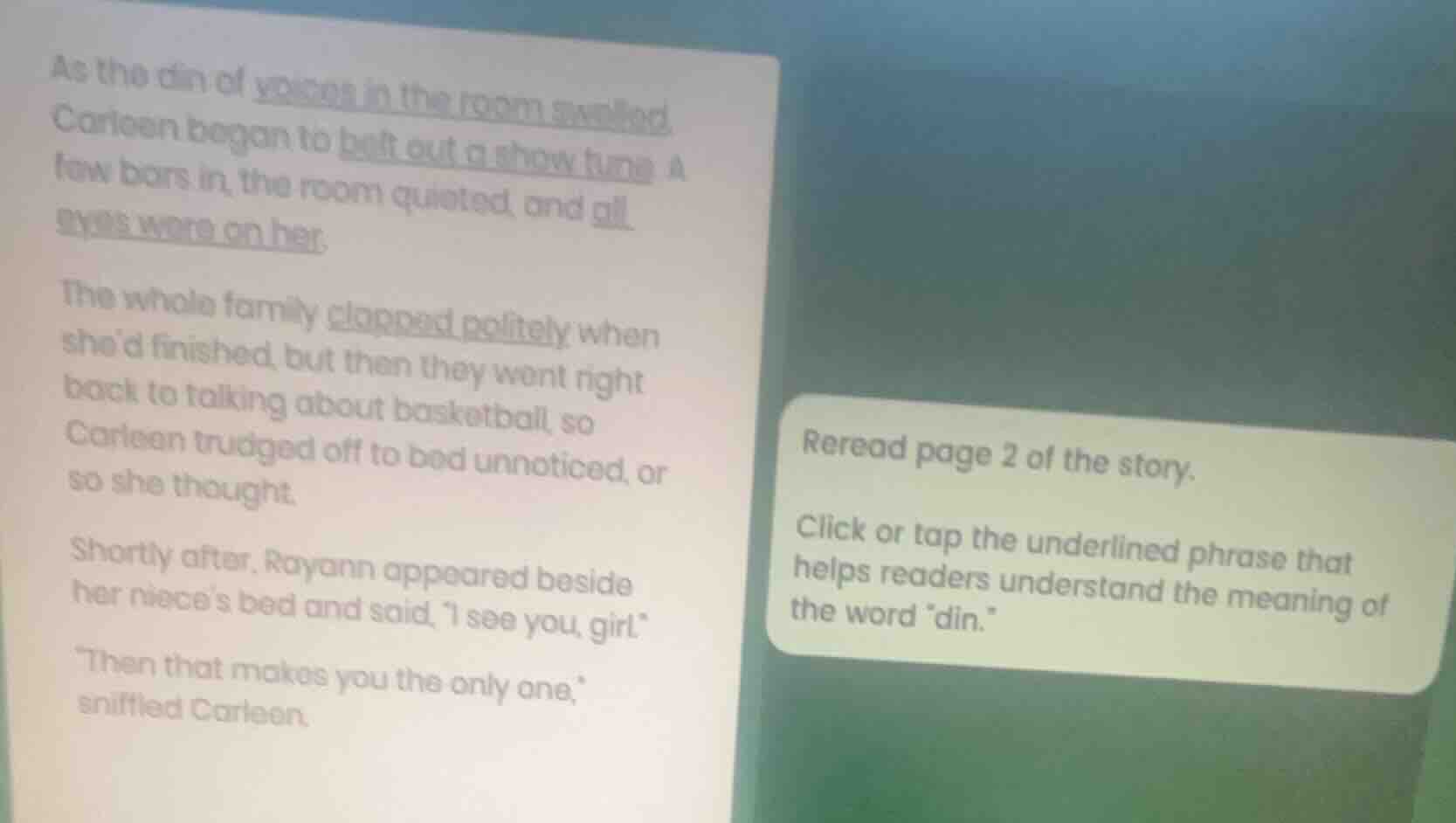 as the din of voices in the room swelled, carleen began to belt out a s…