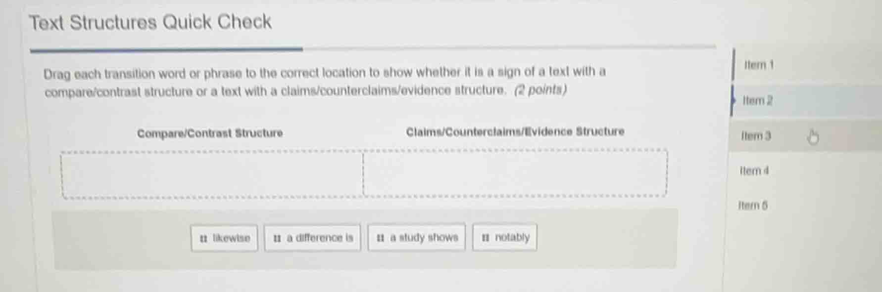 text structures quick check drag each transition word or phrase to the …