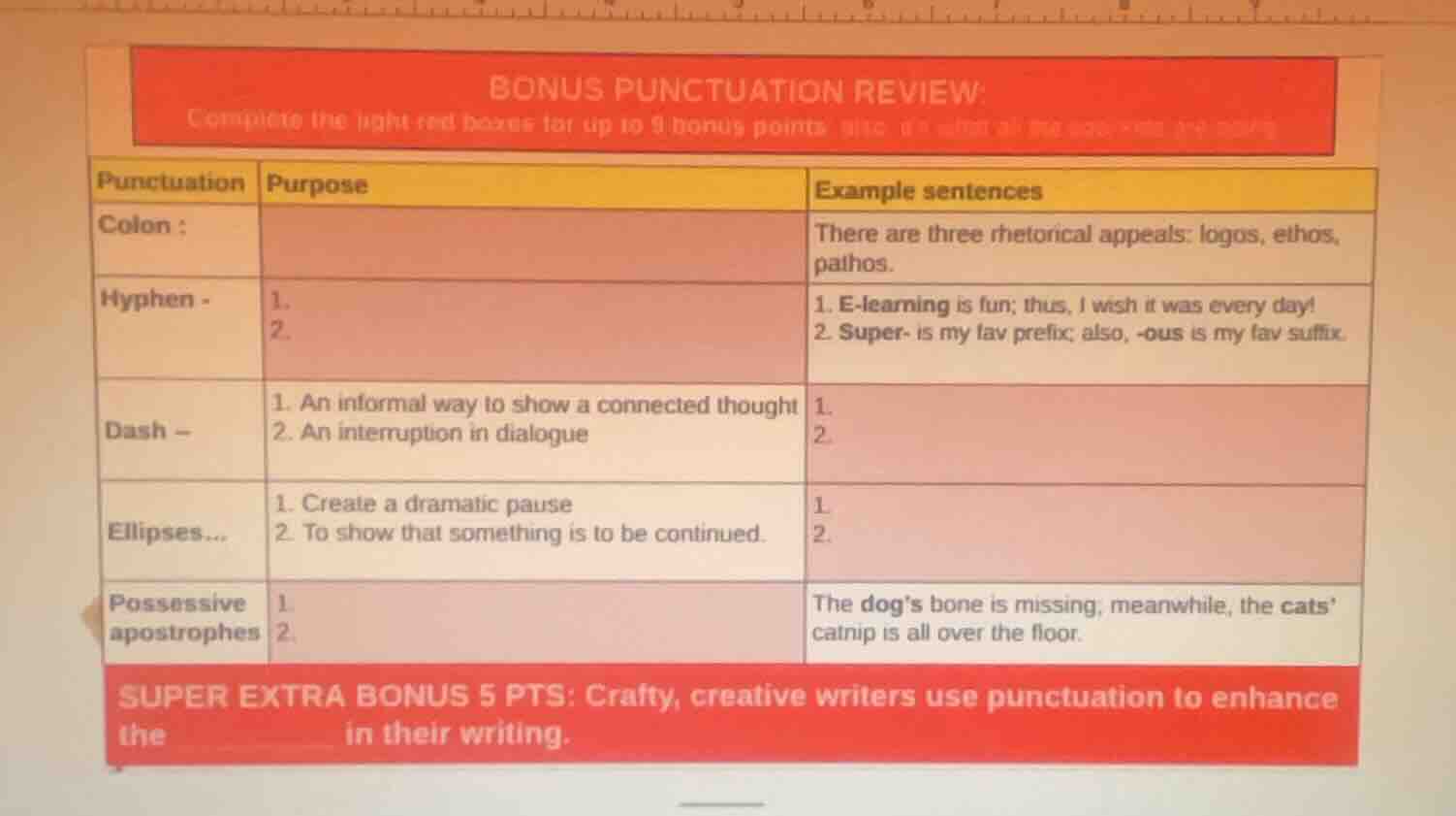 bonus punctuation review: complete the light red boxes for up to 9 bonu…