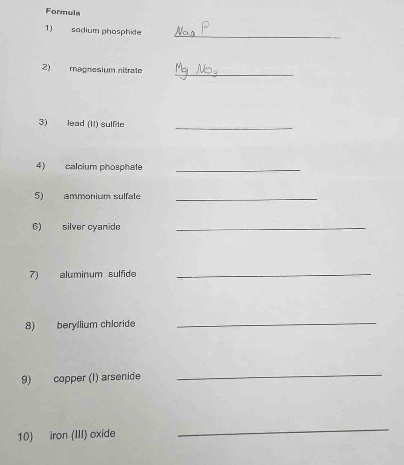 formula 1) sodium phosphide 2) magnesium nitrate 3) lead (ii) sulfite 4…