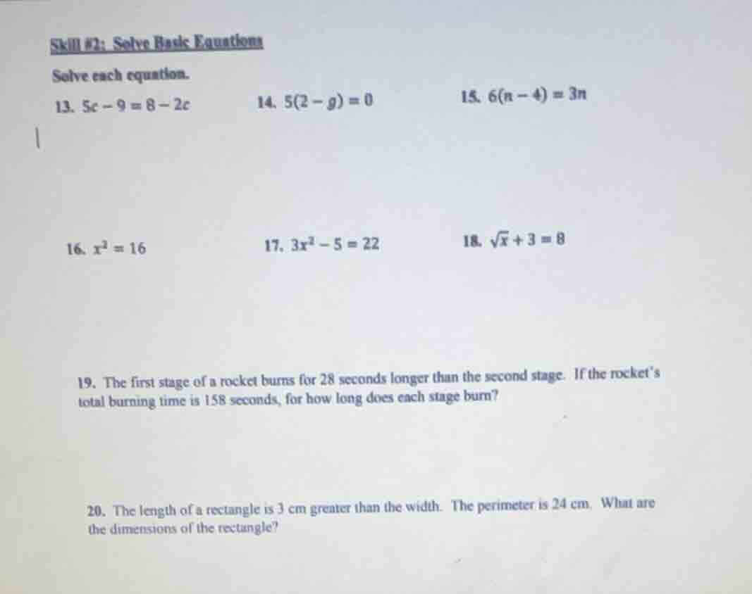 skill #2: solve basic equations solve each equation. 13. $5c - 9 = 8 - …