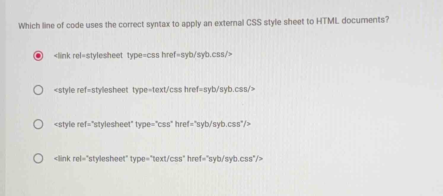 which line of code uses the correct syntax to apply an external css sty…