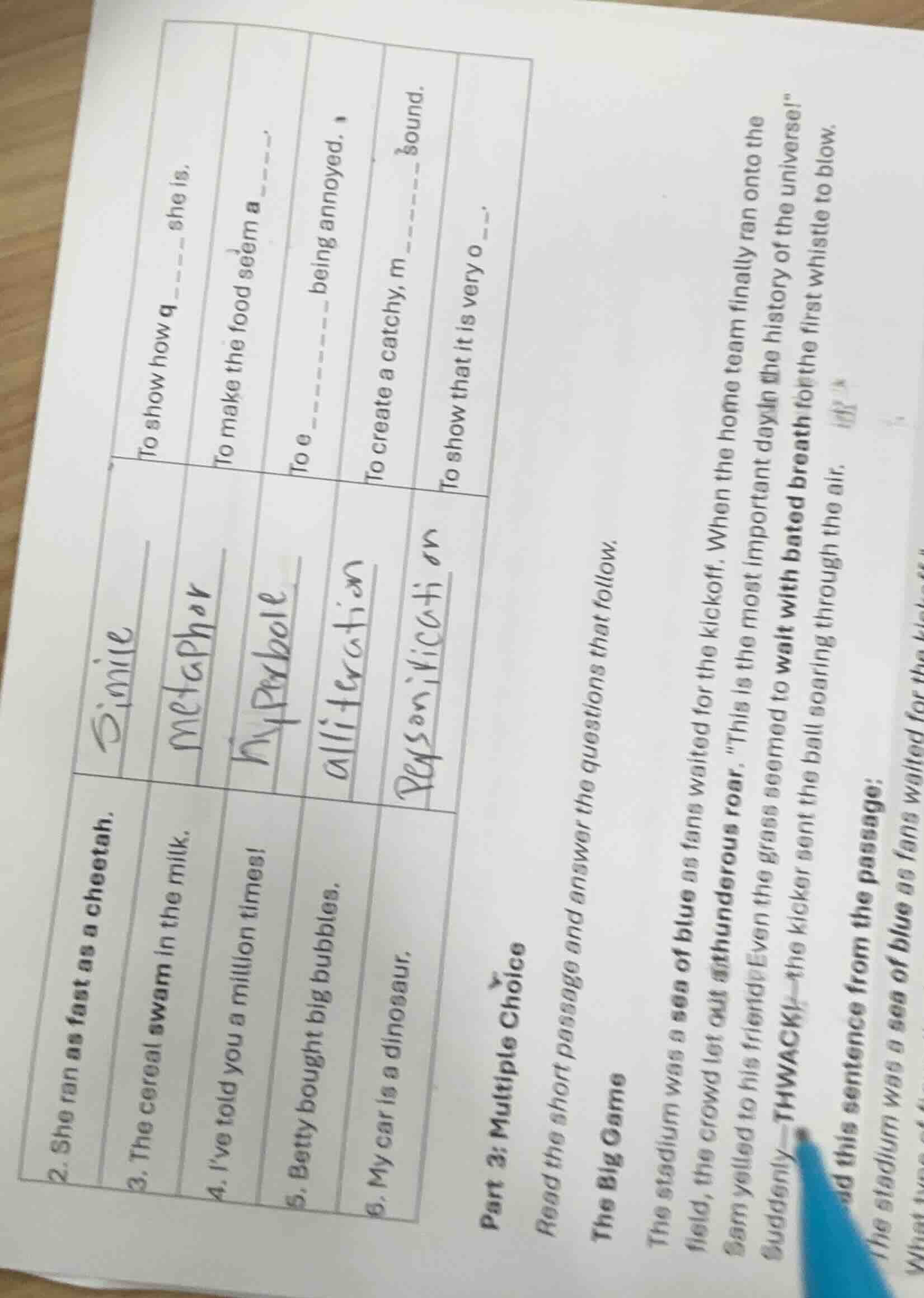 2. she ran as fast as a cheetah. to show how q--- she is. 3. the cereal…