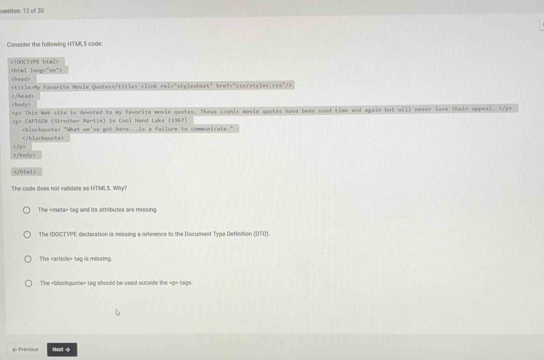 question: 12 of 30 consider the following html5 code: <!doctype html> <…