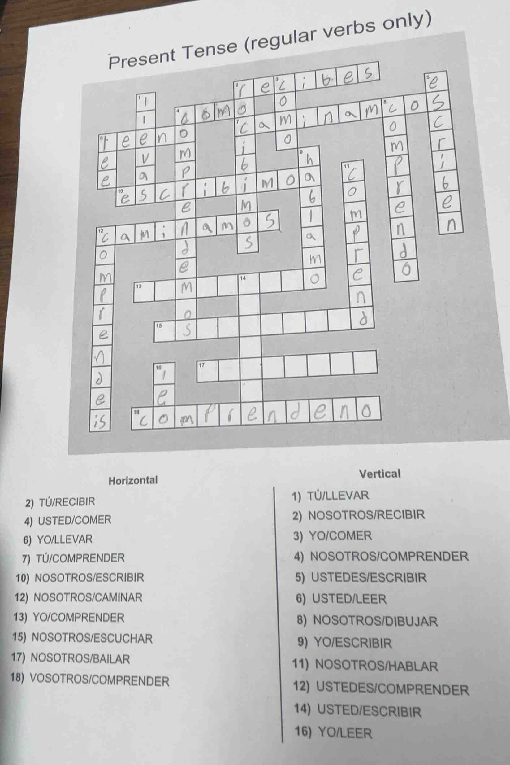 present tense (regular verbs only) horizontal 2) tú/recibir 4) usted/co…