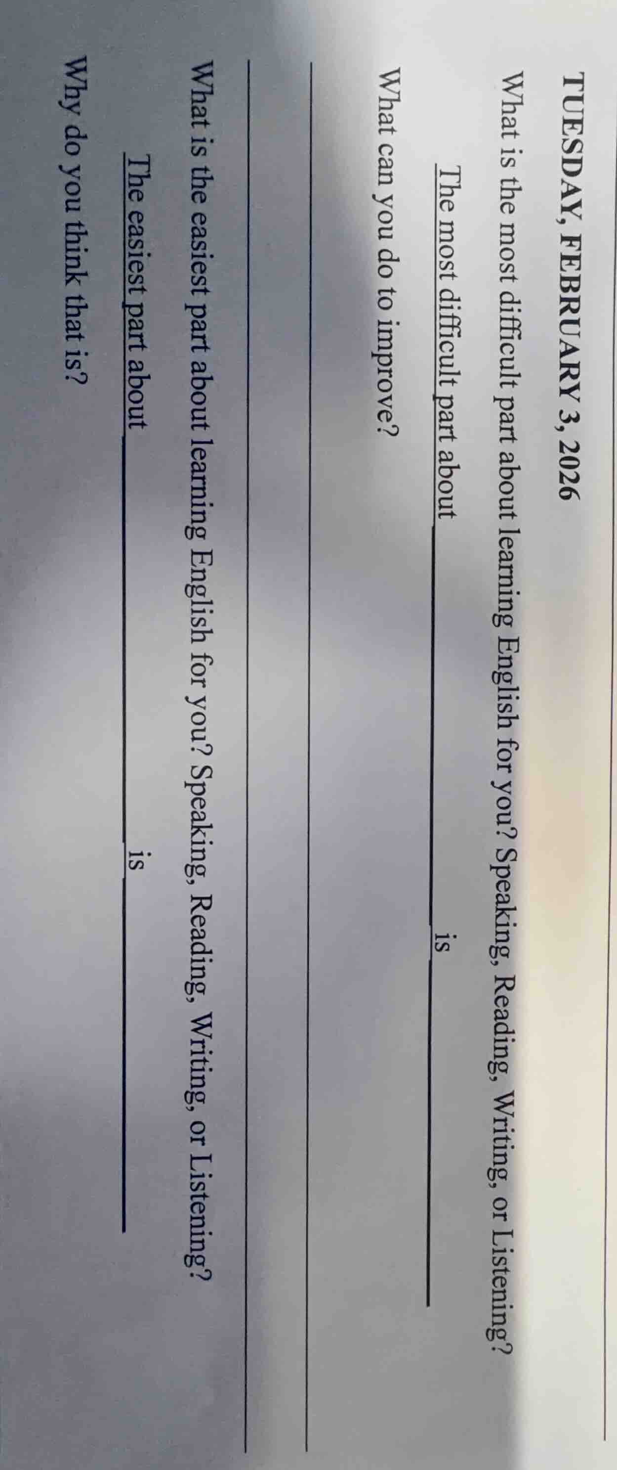 tuesday, february 3, 2026 what is the most difficult part about learnin…