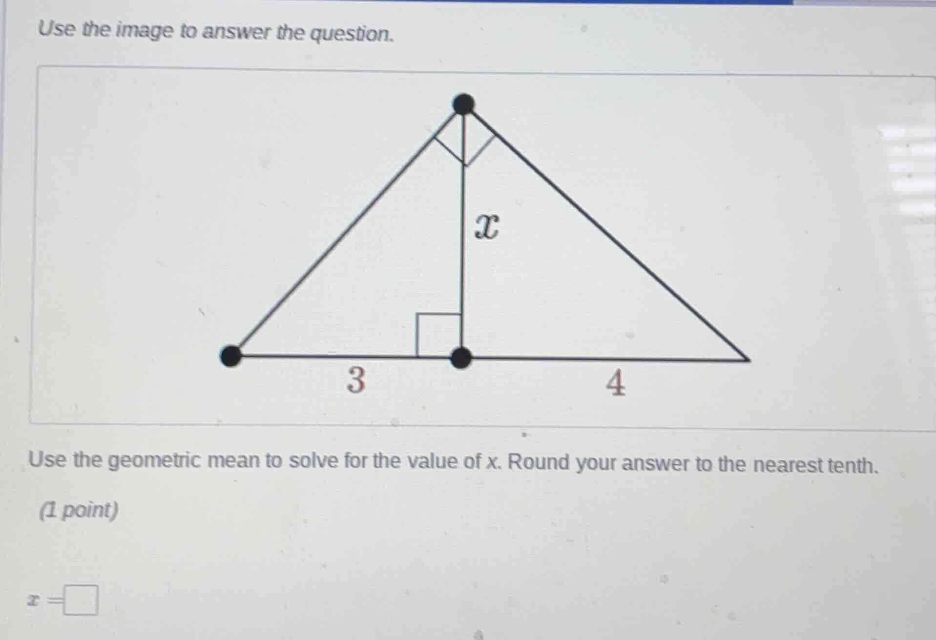 use the image to answer the question. use the geometric mean to solve f…