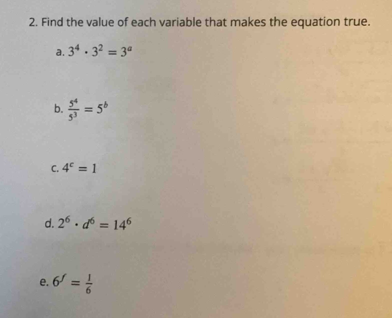 2. find the value of each variable that makes the equation true. a. $3^…