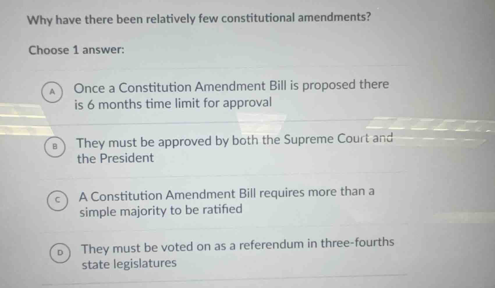 why have there been relatively few constitutional amendments? choose 1 …