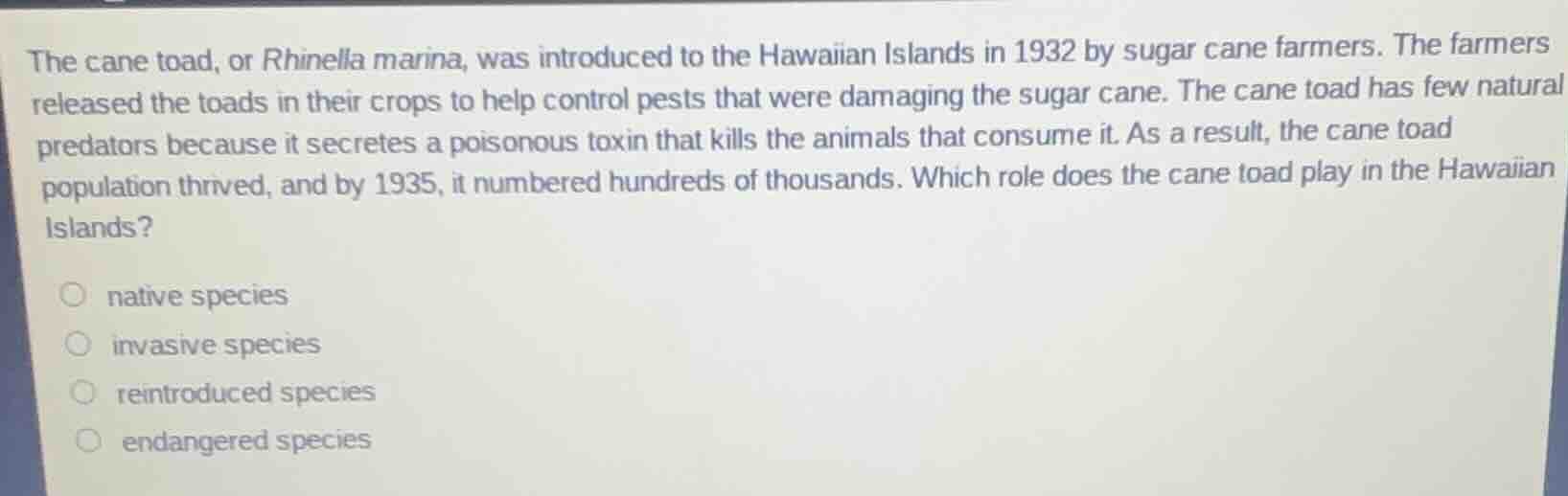 the cane toad, or rhinella marina, was introduced to the hawaiian islan…