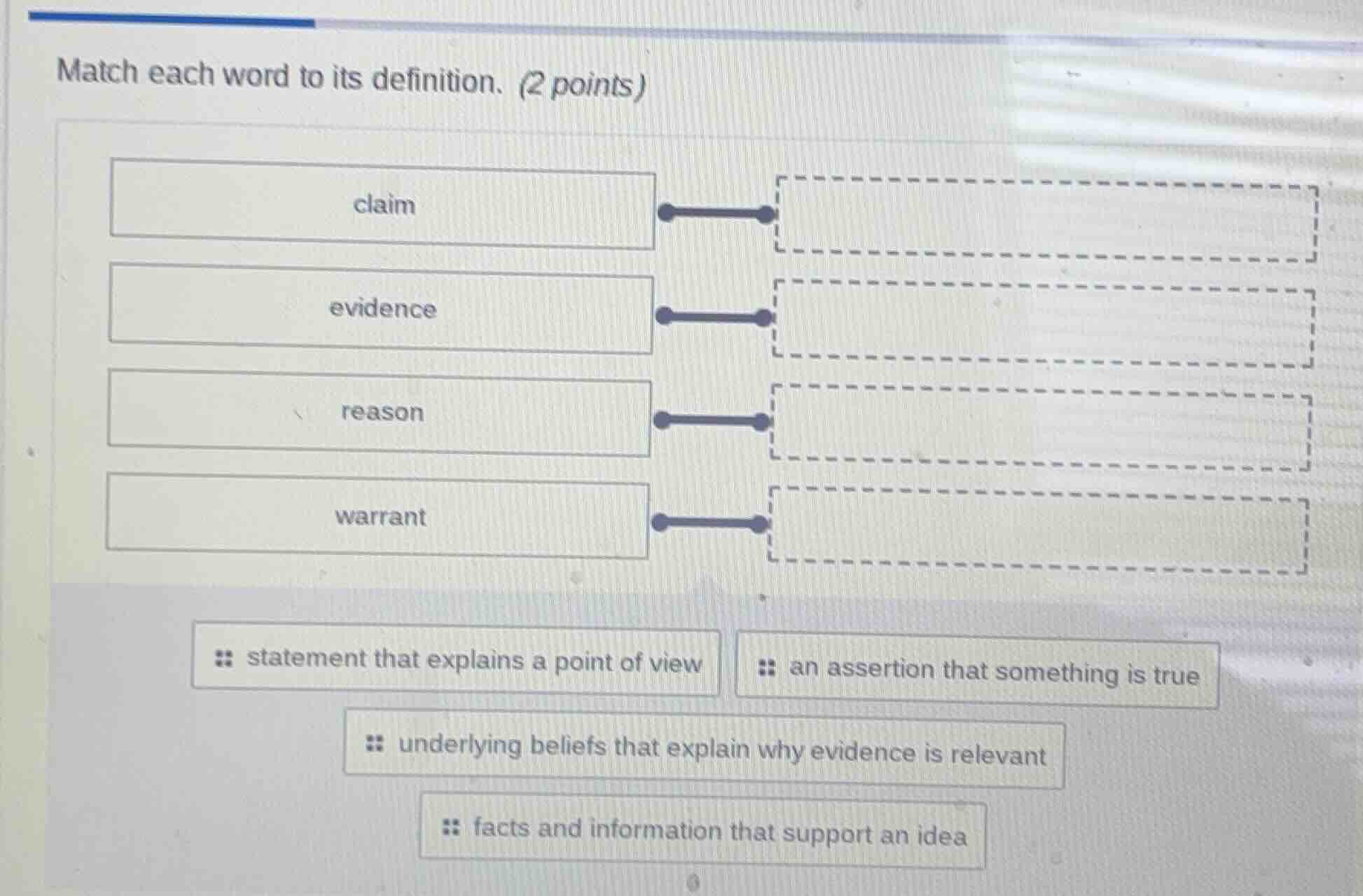 match each word to its definition. (2 points) claim evidence reason war…