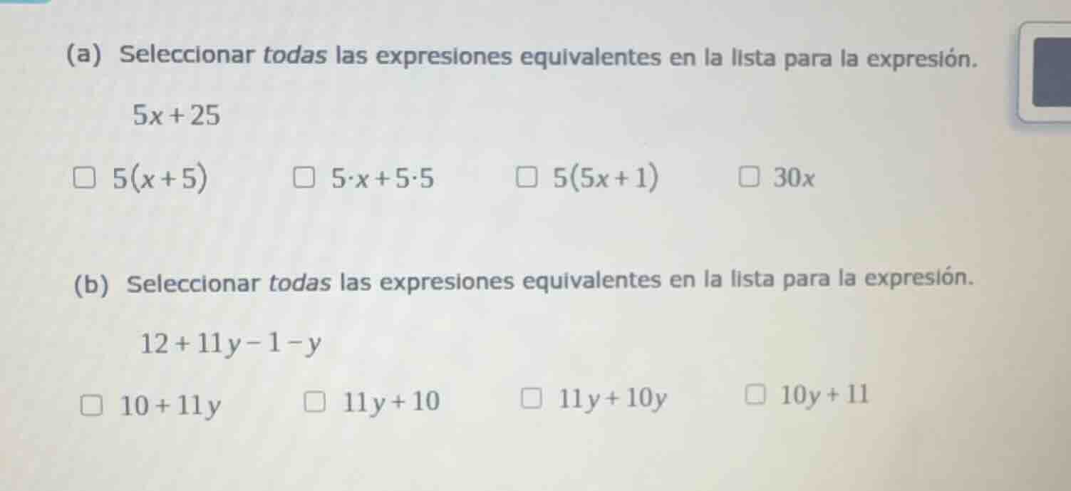 (a) seleccionar todas las expresiones equivalentes en la lista para la …