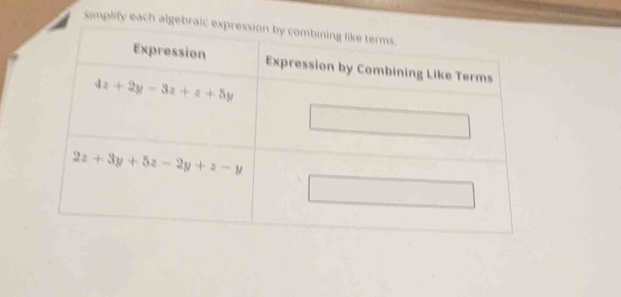 simplify each algebraic expression by combining like terms. expression …