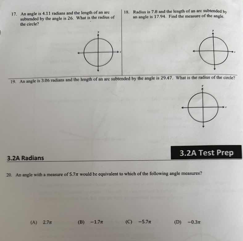 17. an angle is 4.11 radians and the length of an arc subtended by the …