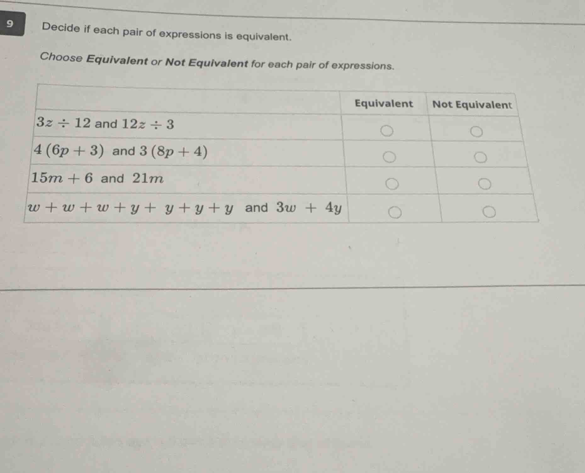 9 decide if each pair of expressions is equivalent. choose equivalent o…