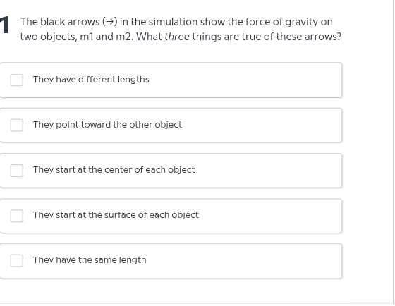 1 the black arrows (→) in the simulation show the force of gravity on t…