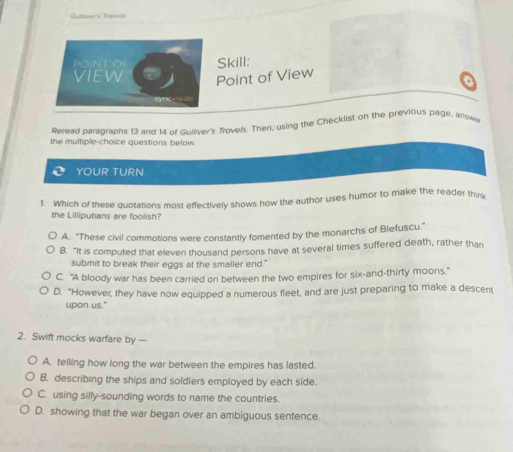 gullivers travels skill: point of view reread paragraphs 13 and 14 of g…