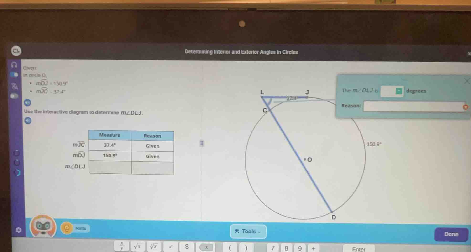 determining interior and exterior angles in circles given: in circle o,…
