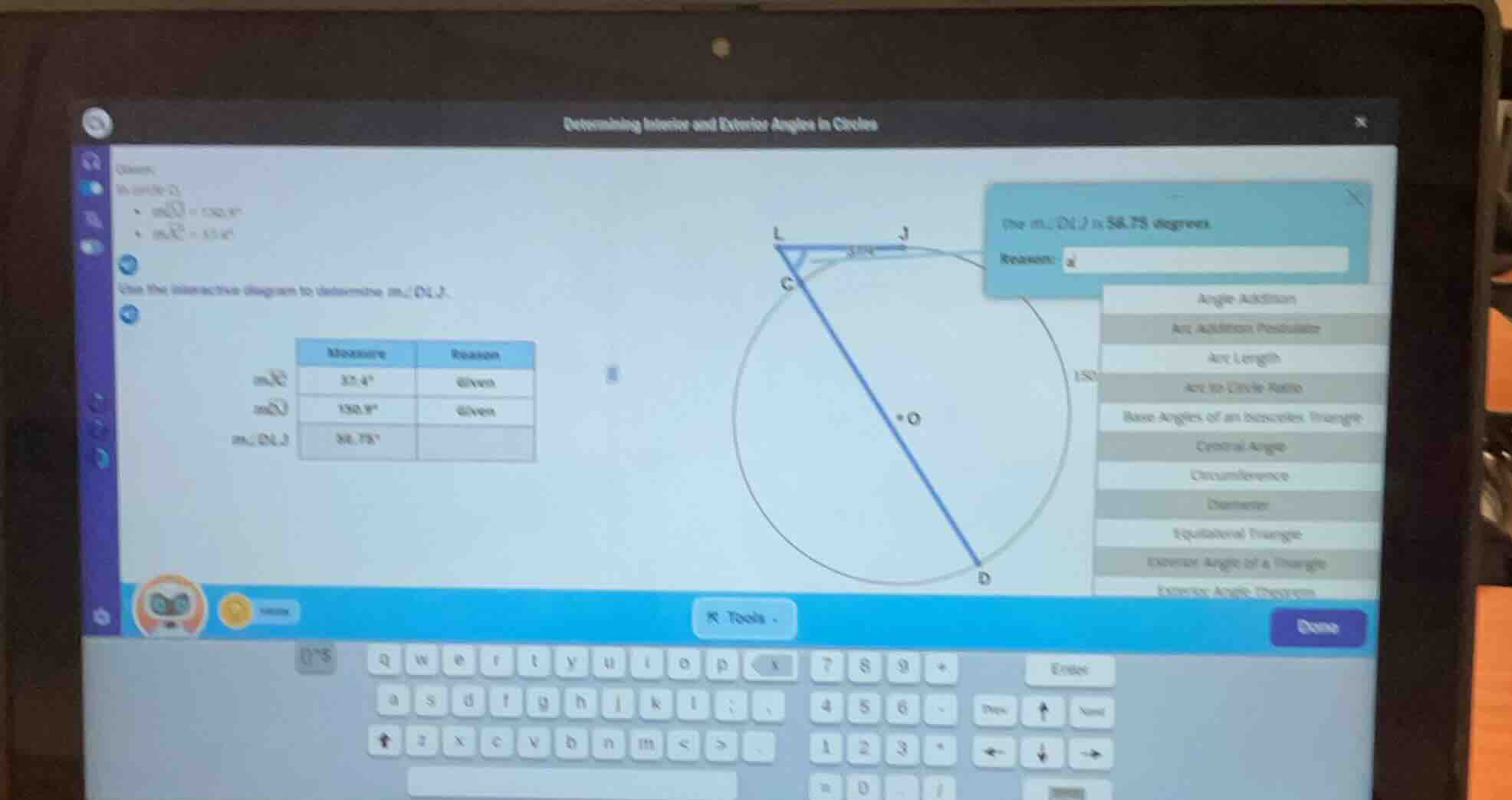 determining interior and exterior angles in circles given: - ( moverarc…