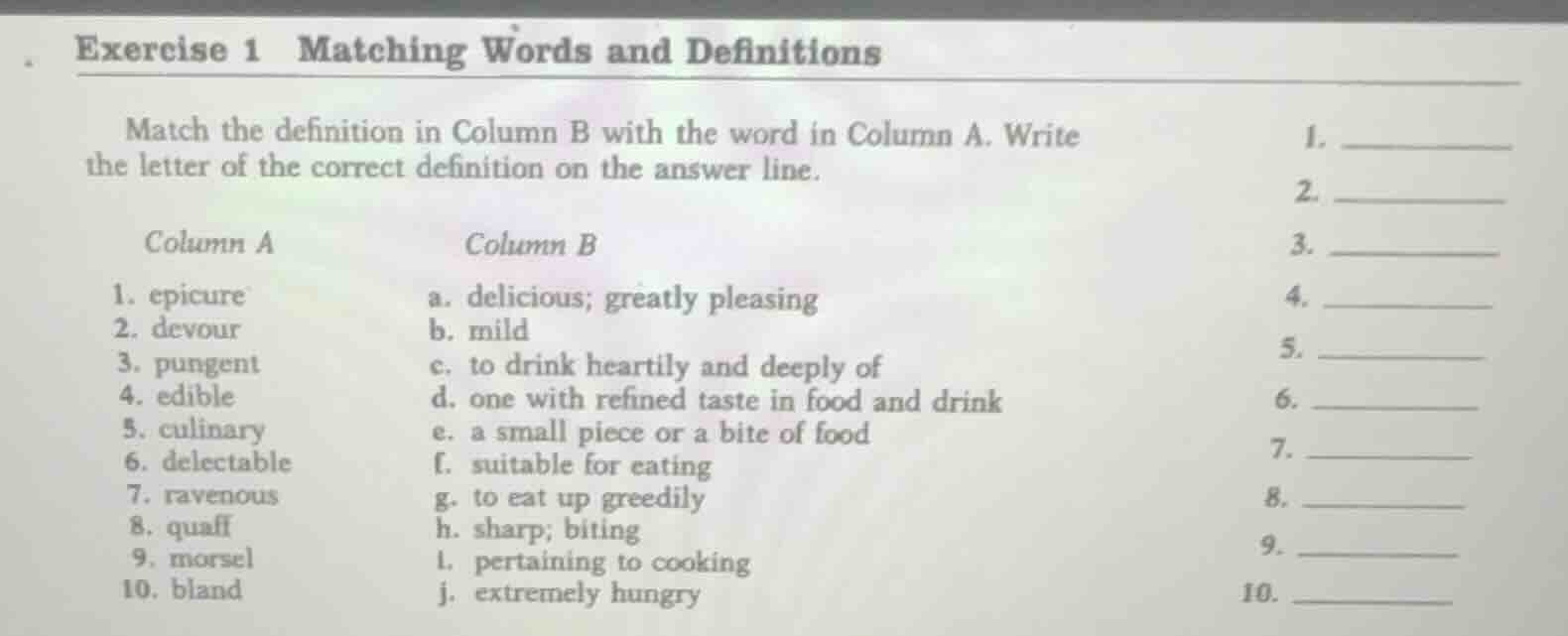 exercise 1 matching words and definitions match the definition in colum…