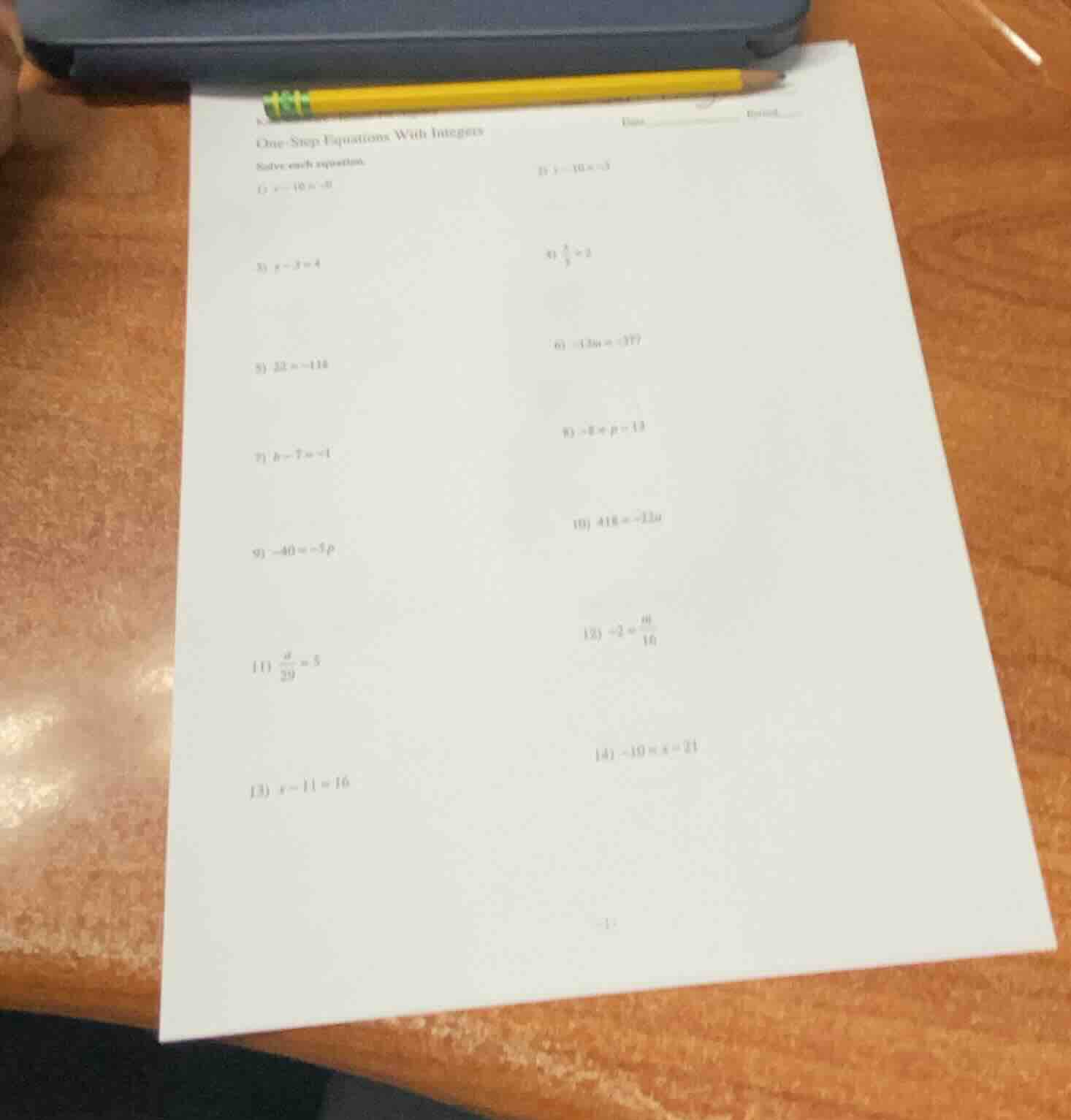 one step equations with integers solve each equation. 1) ( x - 19 = -8 …