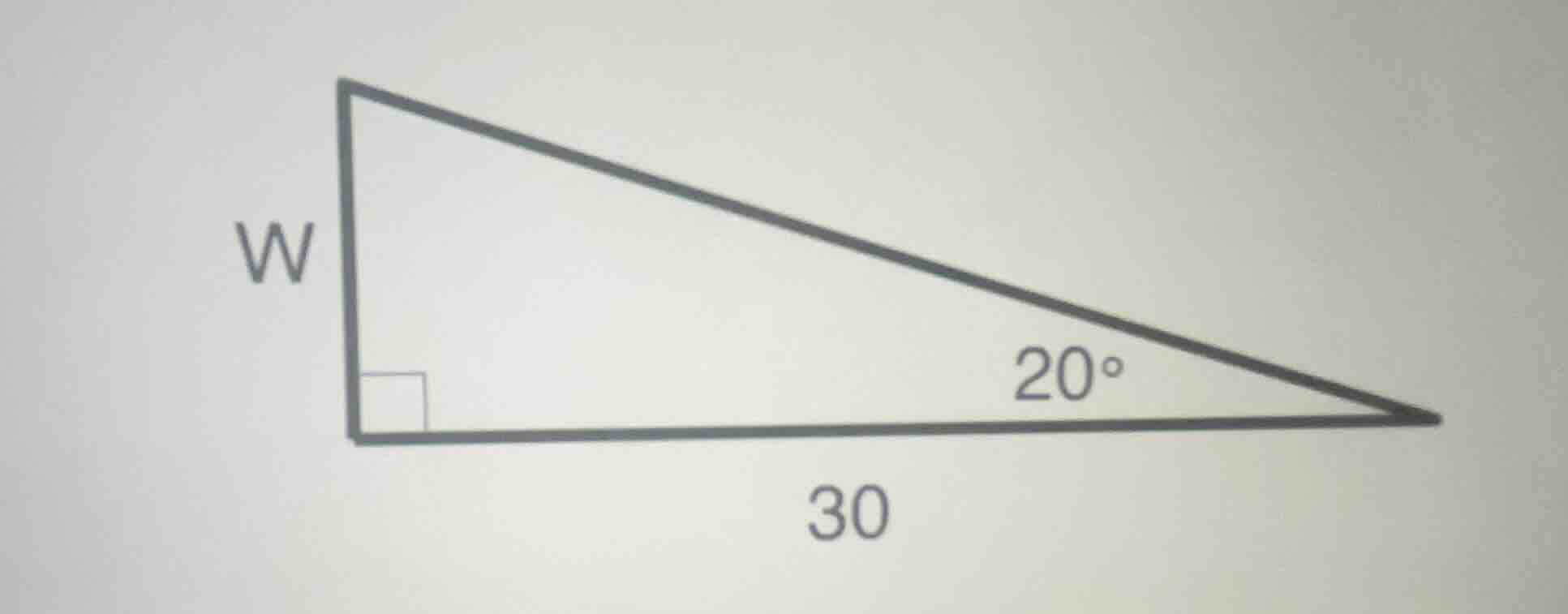 in the right triangle, one leg is 30, one acute angle is 20°, and we ne…