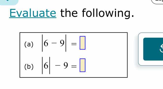 evaluate the following. (a) \\(|6 - 9| = \\square\\) (b) \\(|6| - 9 = \…