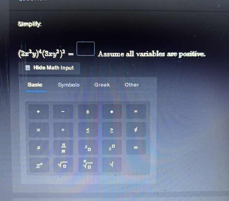 simplify: $(2x^{3}y)^{2}(3xy^{2})^{3} = \\square$ assume all variables …