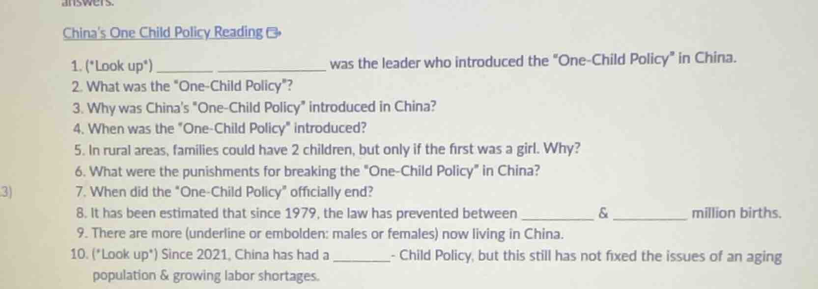chinas one child policy reading 1. (\look up\) ______ ______ was the le…