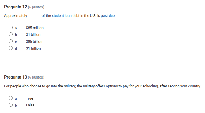 pregunta 12 (6 puntos) approximately ______ of the student loan debt in…