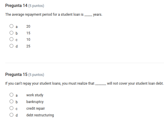 pregunta 14 (5 puntos) the average repayment period for a student loan …
