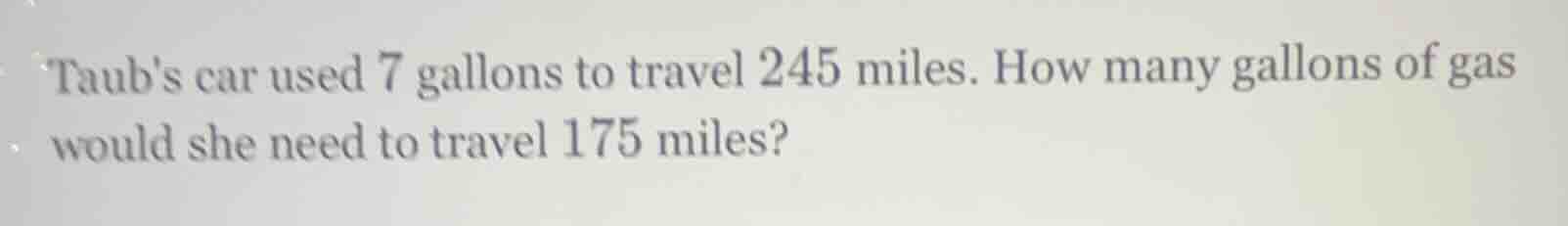 taubs car used 7 gallons to travel 245 miles. how many gallons of gas w…