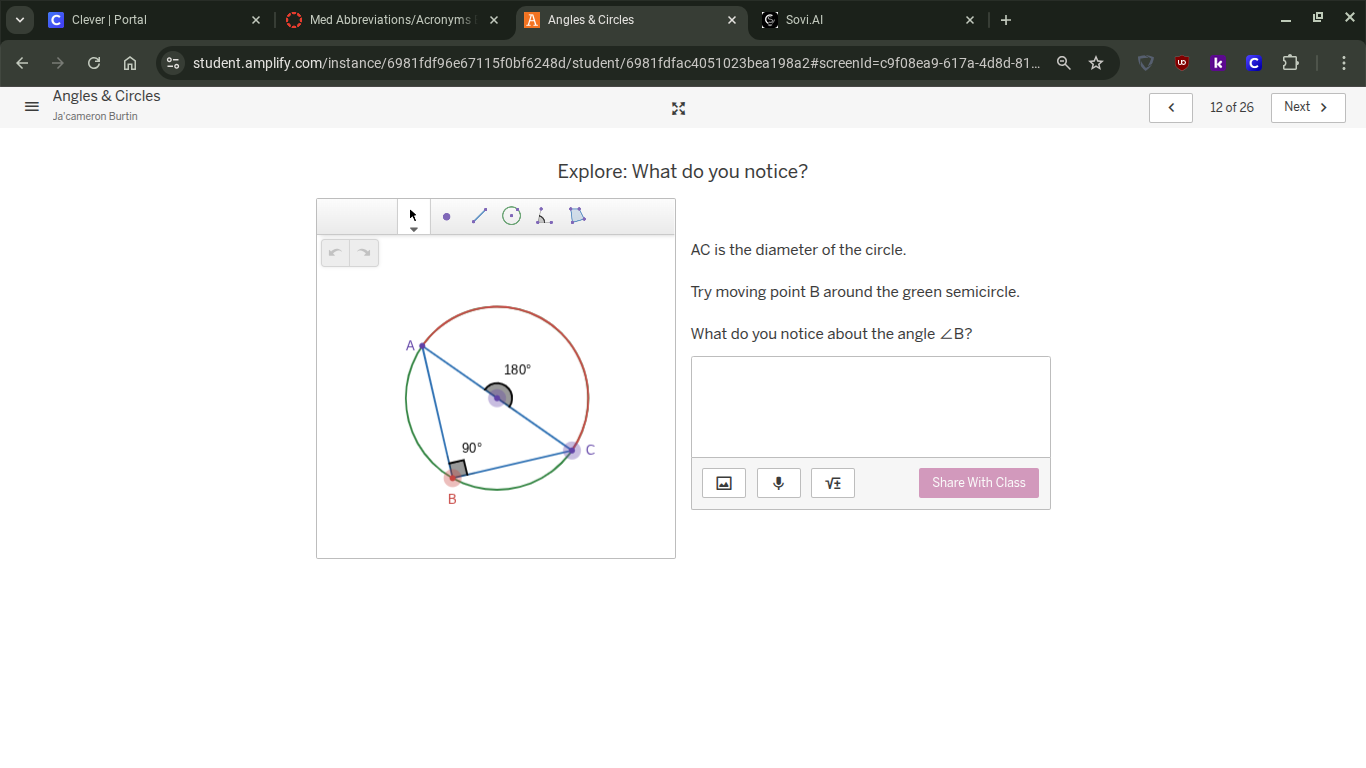 explore: what do you notice? ac is the diameter of the circle. try movi…