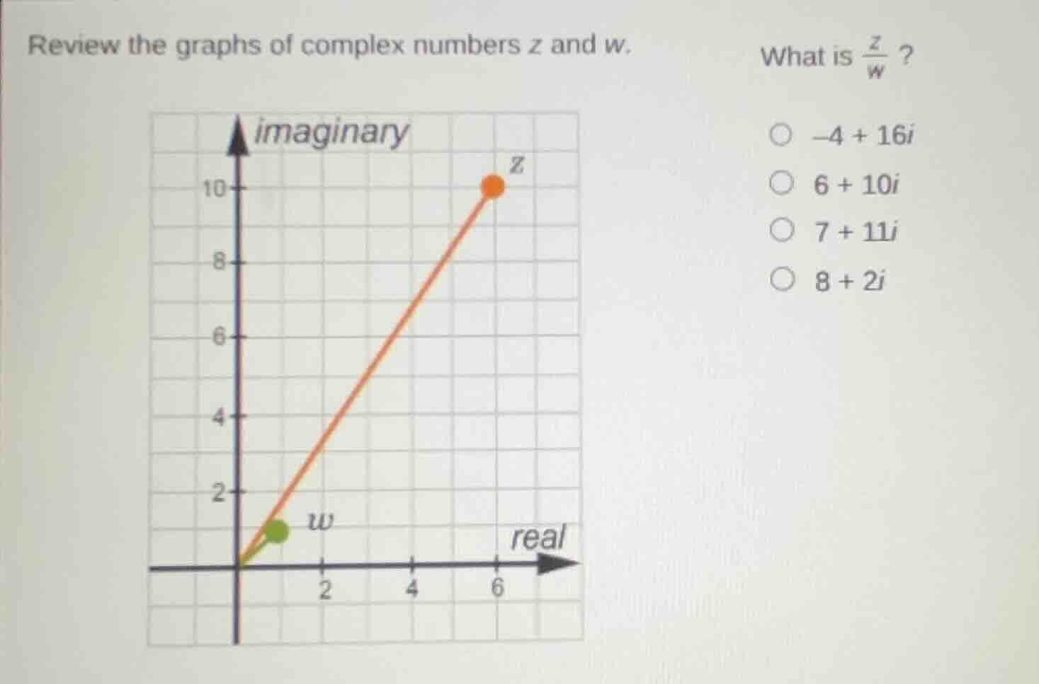 review the graphs of complex numbers z and w. what is \\(\\frac{z}{w}\\…