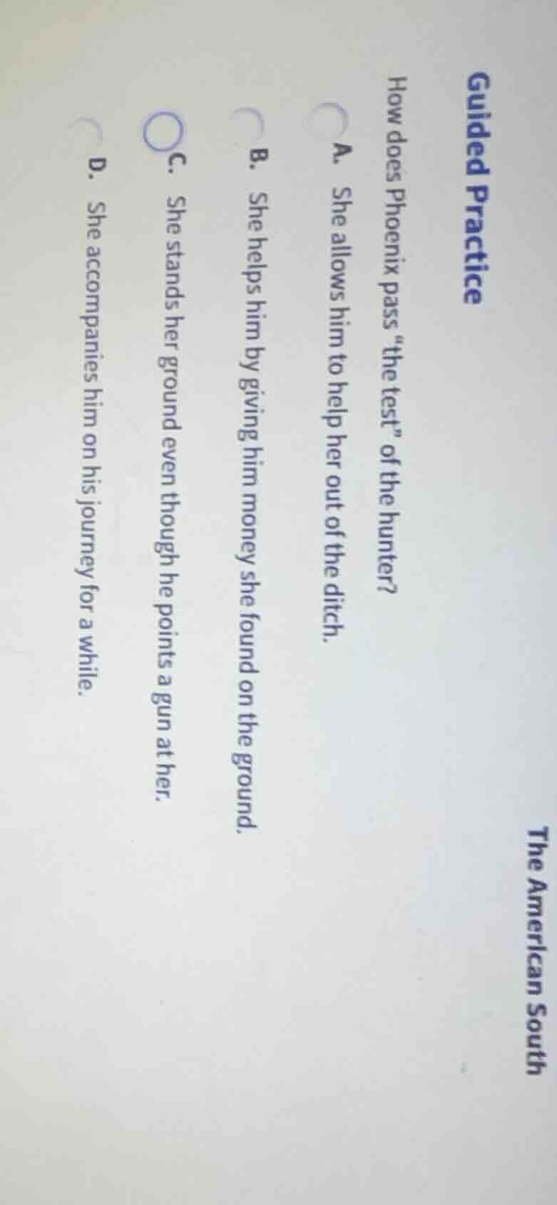 guided practice how does phoenix pass “the test” of the hunter? a. she …