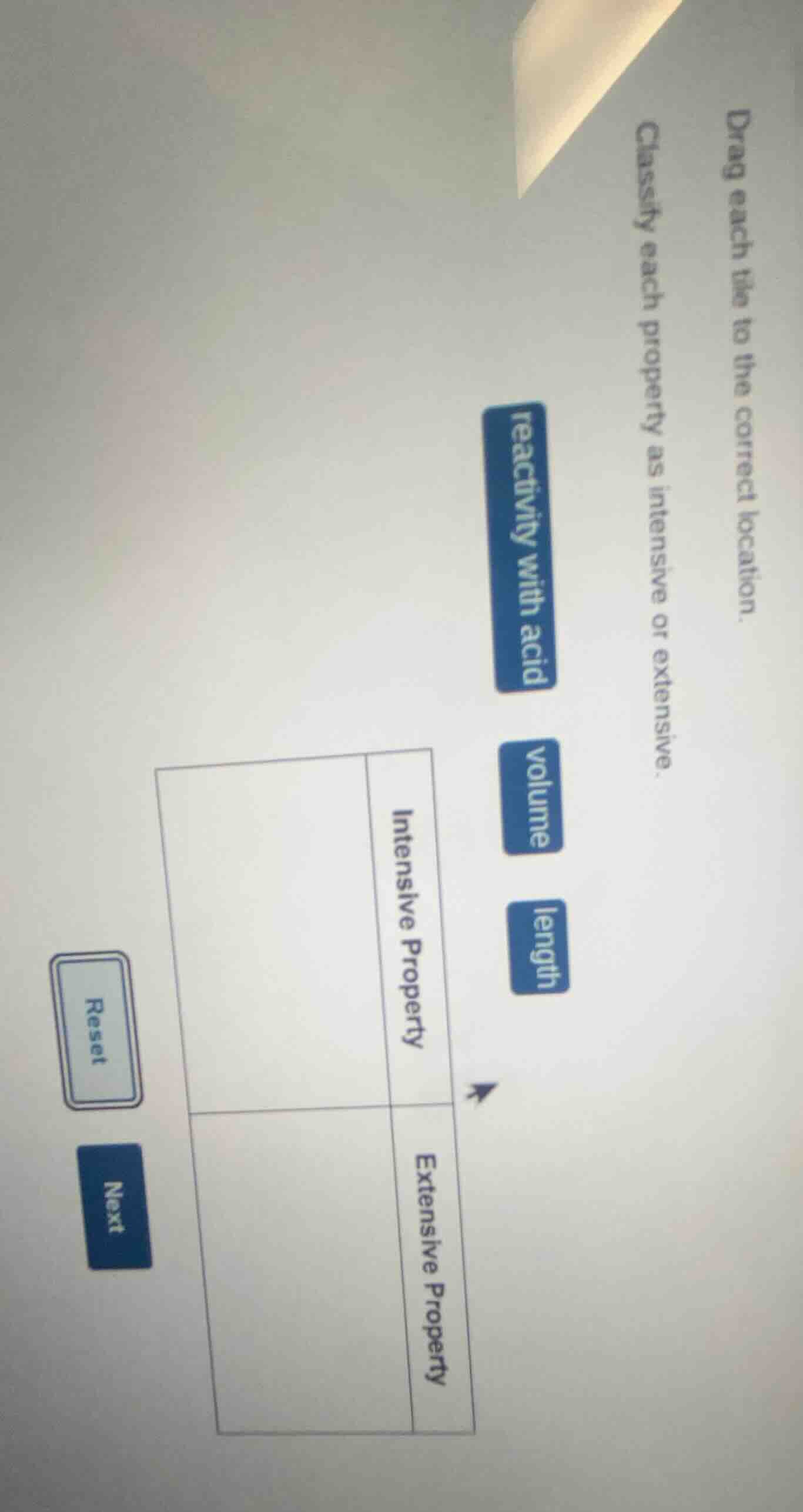 drag each tile to the correct location. classify each property as inten…