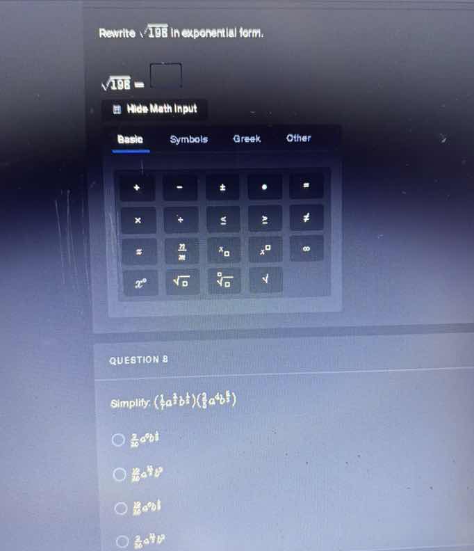 rewrite \\(\\sqrt{\\sqrt{196}}\\) in exponential form.\\(\\sqrt{\\sqrt{…