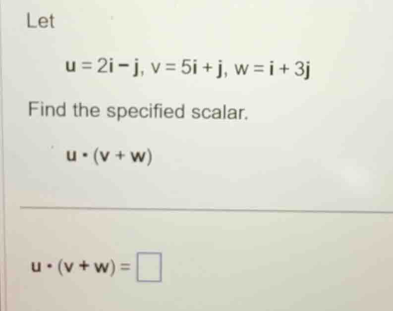 let u = 2i - j, v = 5i + j, w = i + 3j find the specified scalar. u·(v …