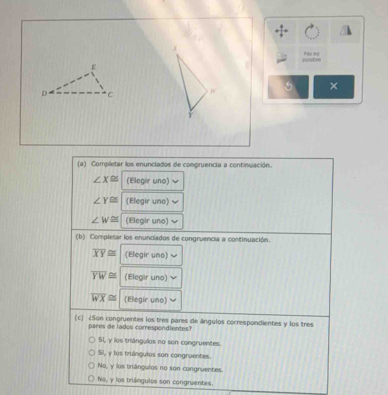 (a) completar los enunciados de congruencia a continuación. $\\angle x\…