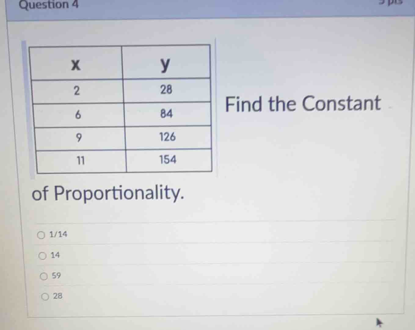 question 4 x | y 2 | 28 6 | 84 9 | 126 11 | 154 find the constant of pr…