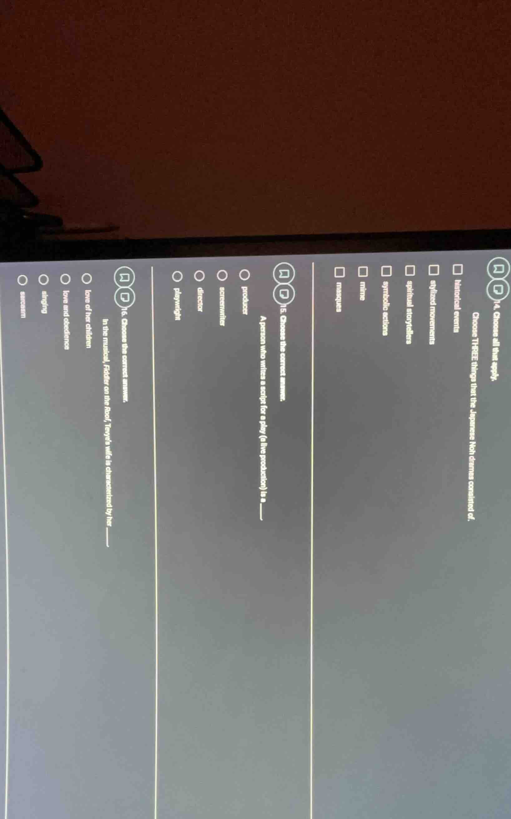 14. choose all that apply. choose three things that the japanese noh dr…