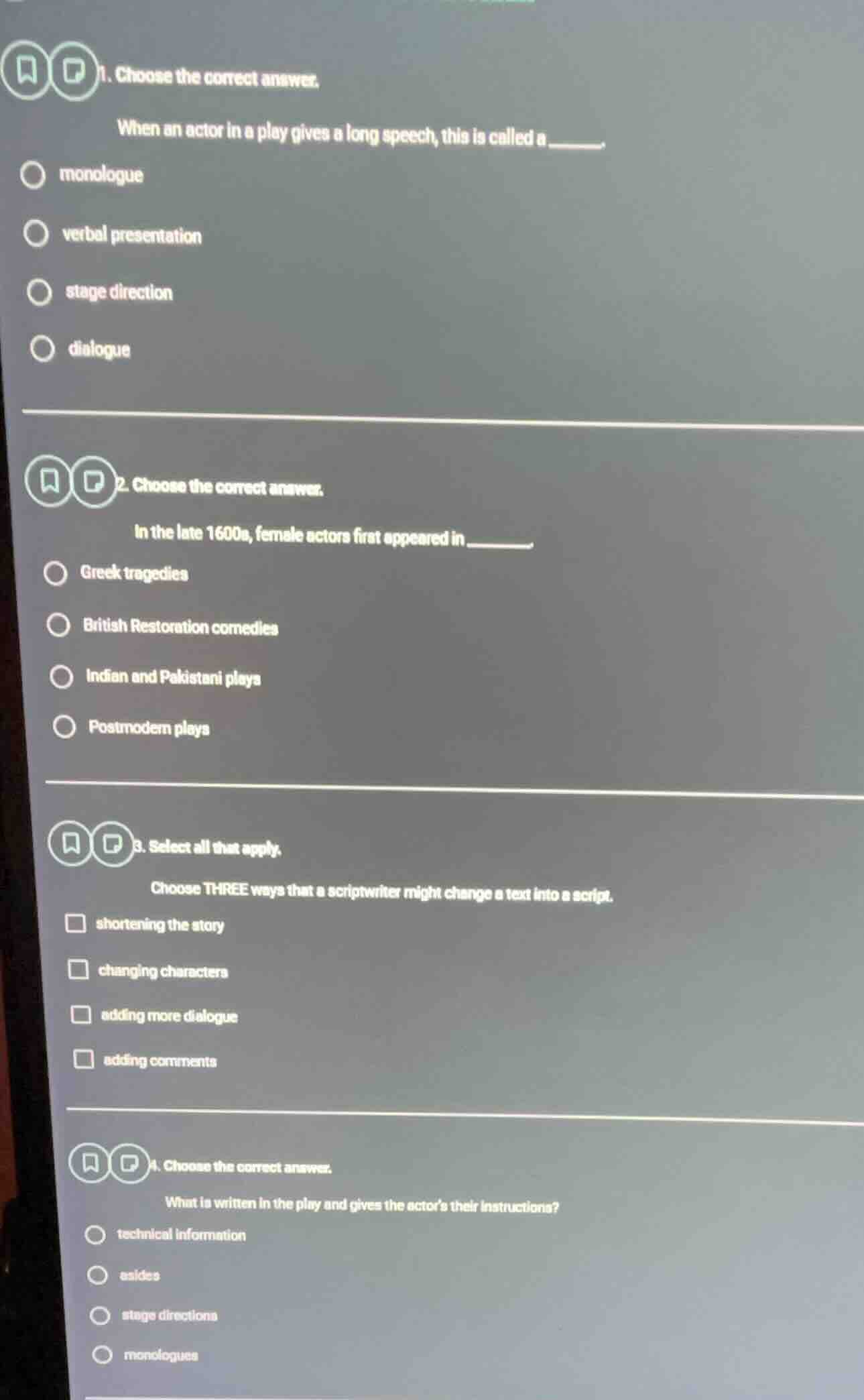 1. choose the correct answer. when an actor in a play gives a long spee…