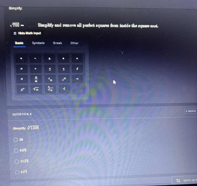 simplify: \\sqrt{700} = \\quad simplify and remove all perfect squares …