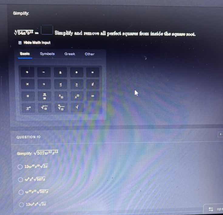 simplify: \\sqrt{5a\\sqrt{6^8}} = \\square simplify and remove all perf…