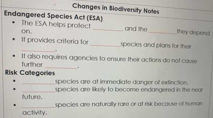changes in biodiversity notes endangered species act (esa) - the esa he…