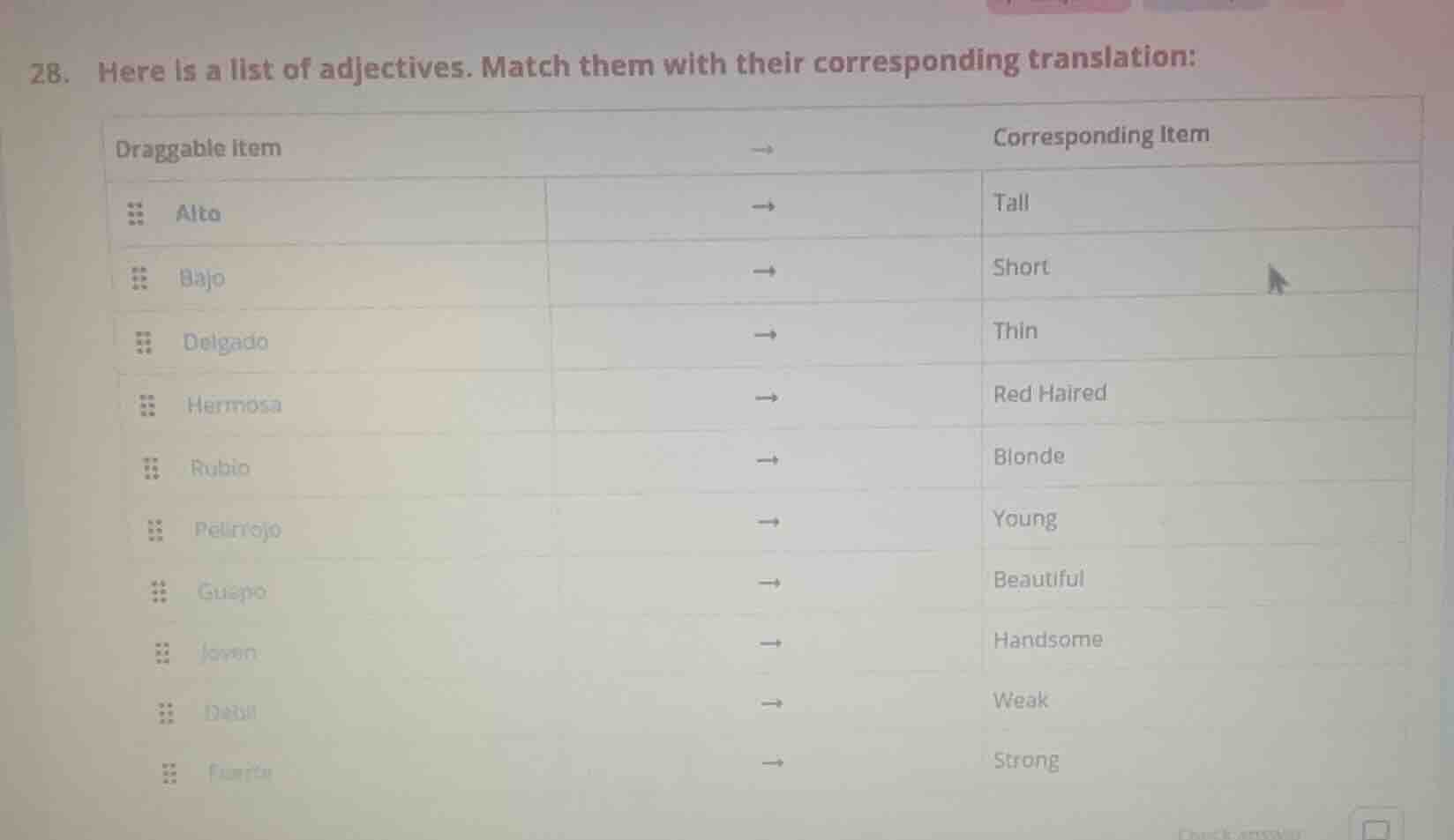 28. here is a list of adjectives. match them with their corresponding t…