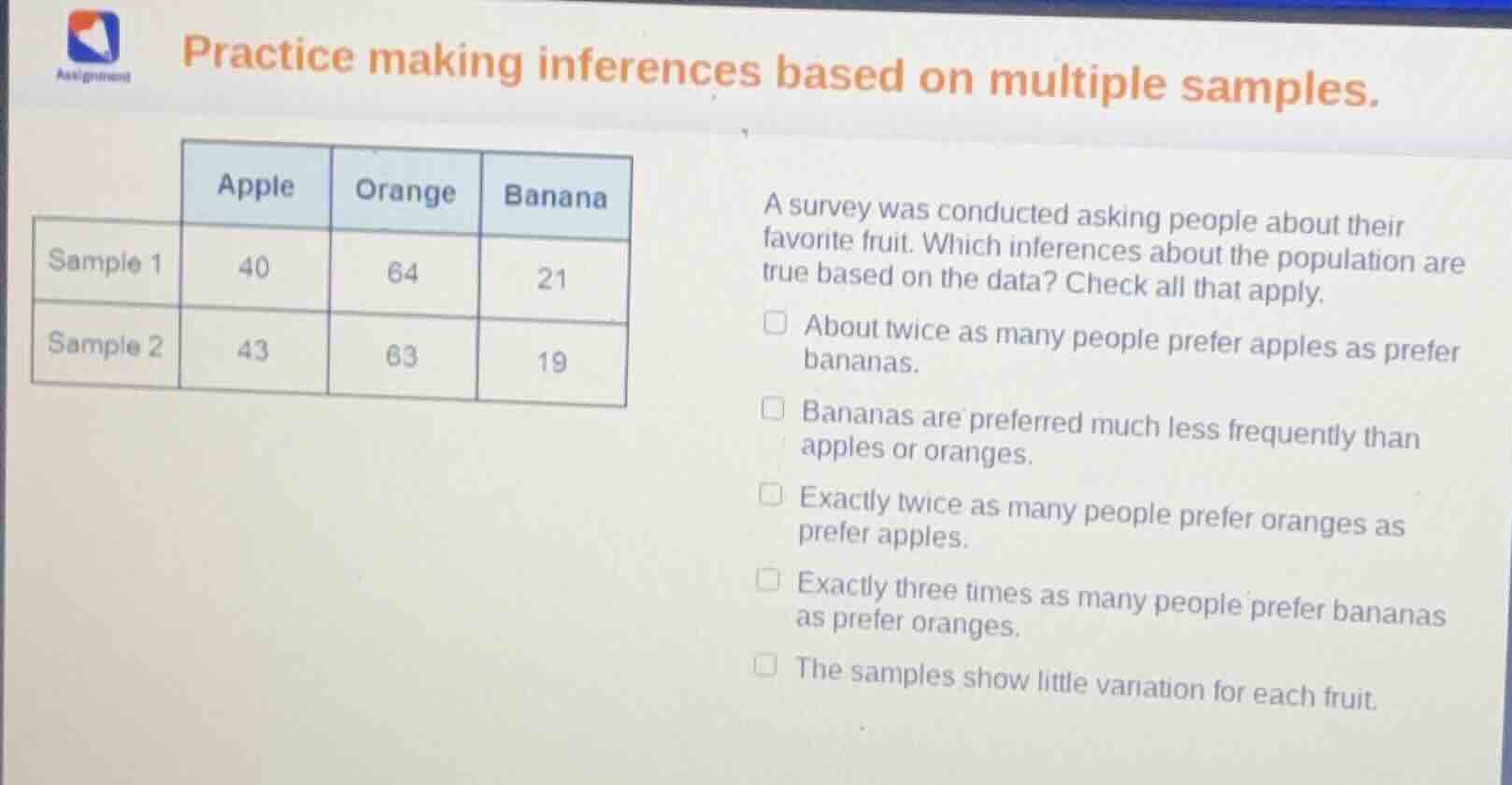 practice making inferences based on multiple samples. a survey was cond…